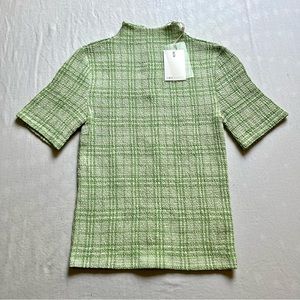 NWT C/MEO COLLECTIVE green smocked plaid assured mock neck short sleeve top